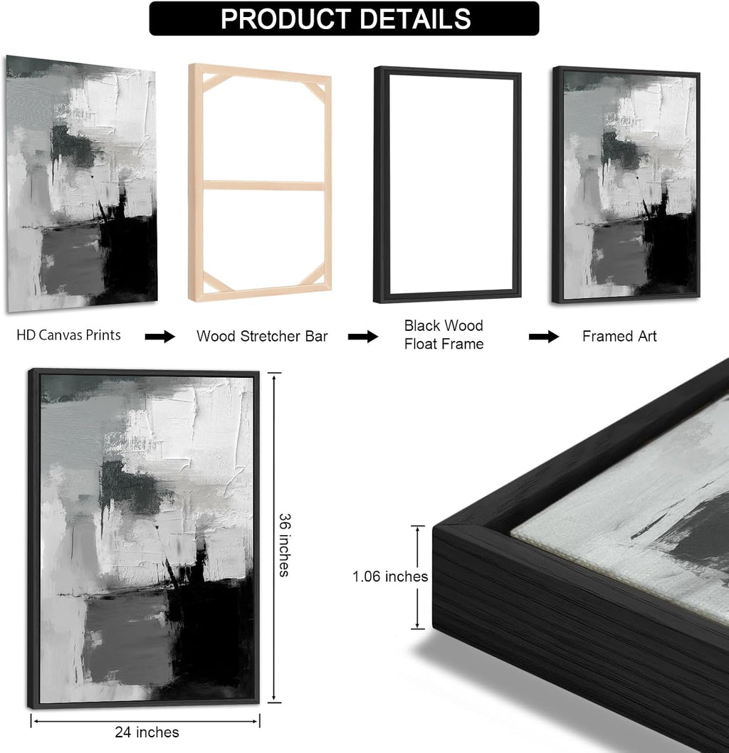 Large Framed Canvas Wall Art - Retro Grey Graffiti Pictures for Living Room Rustic Abstract Wall Decor Vintage Prints for Bedroom Dinning Room Black Float Framed 24' X 36' X 3 pcs