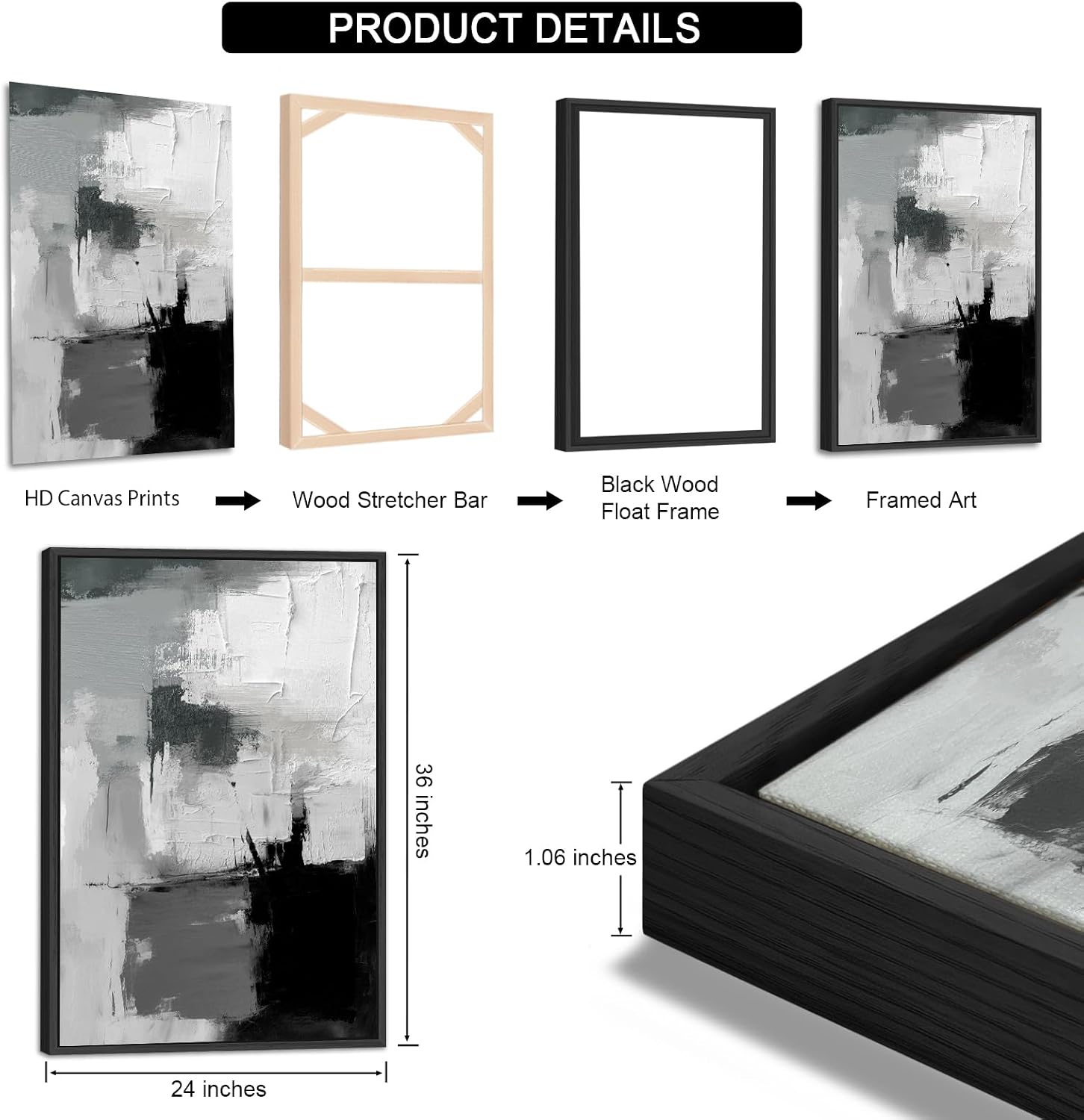 Large Framed Canvas Wall Art - Retro Grey Graffiti Pictures for Living Room Rustic Abstract Wall Decor Vintage Prints for Bedroom Dinning Room Black Float Framed 24' X 36' X 3 pcs