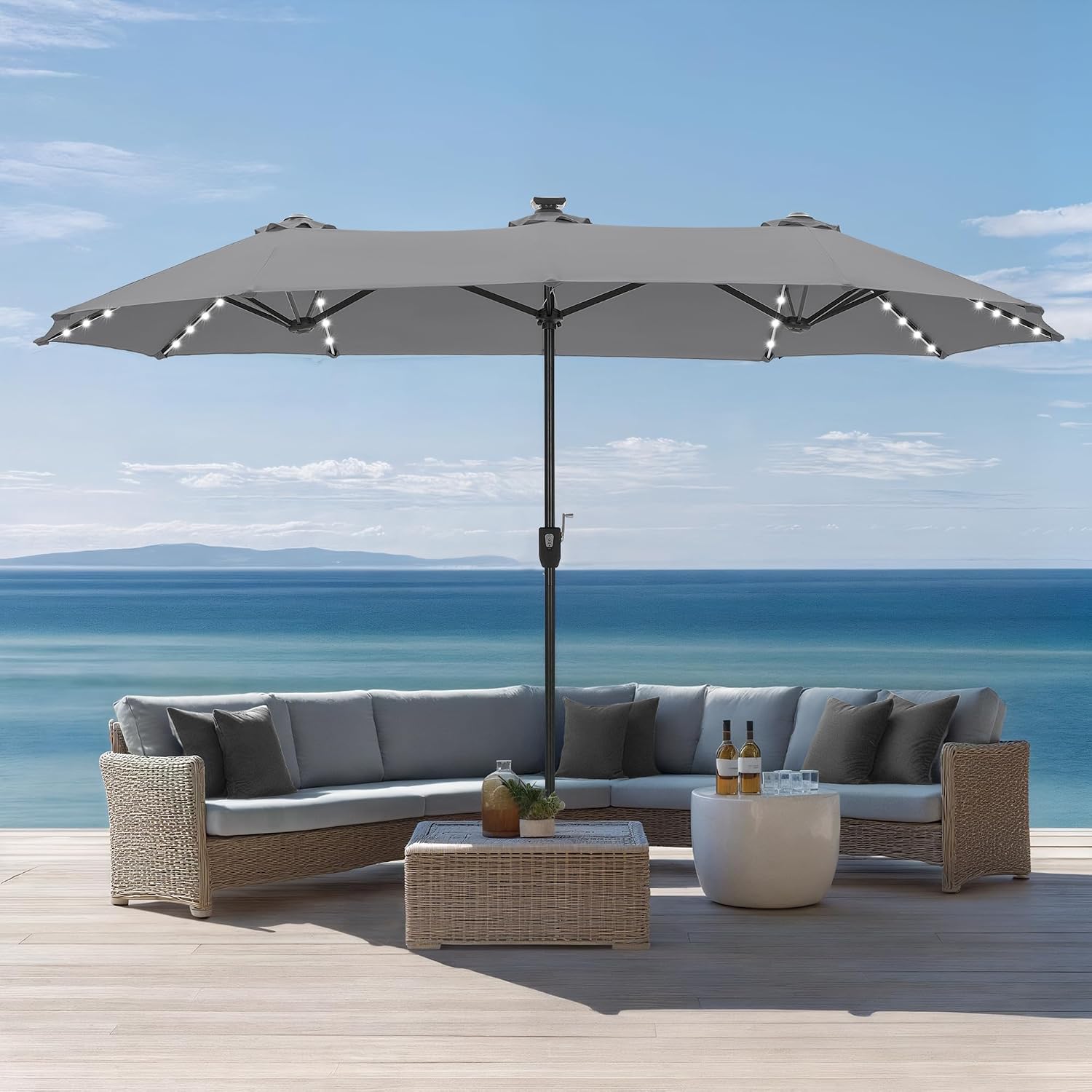 Sophia & William 13ft Outdoor Patio Umbrella with Solar Lights, Large Double-sided Umbrella with LED Lights, Perfect for Garden, Deck, Pool, Smoky Gray