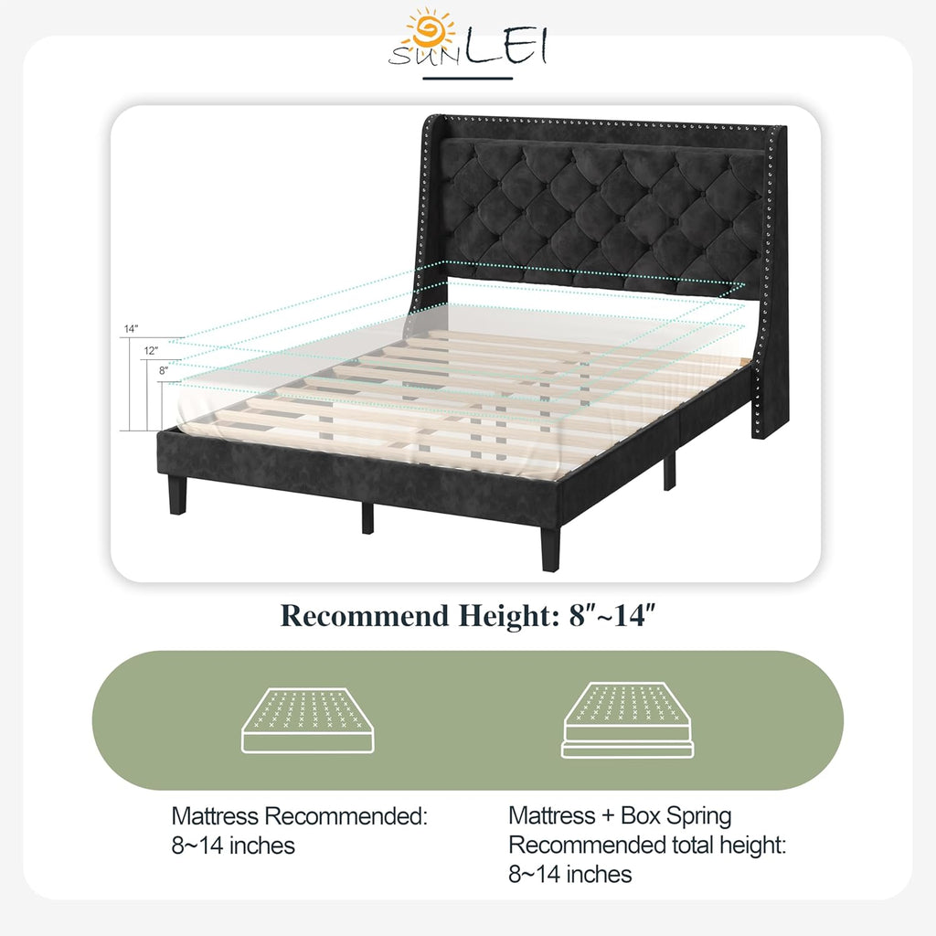 SUNLEI Queen Bed Frame with Storage Headboard, Velvet Upholstered Platform Bed Frame with Wingback Tufted Headboard, Noise Free Wood Slat Support, No Box Spring Needed, Easy Assembly, Black
