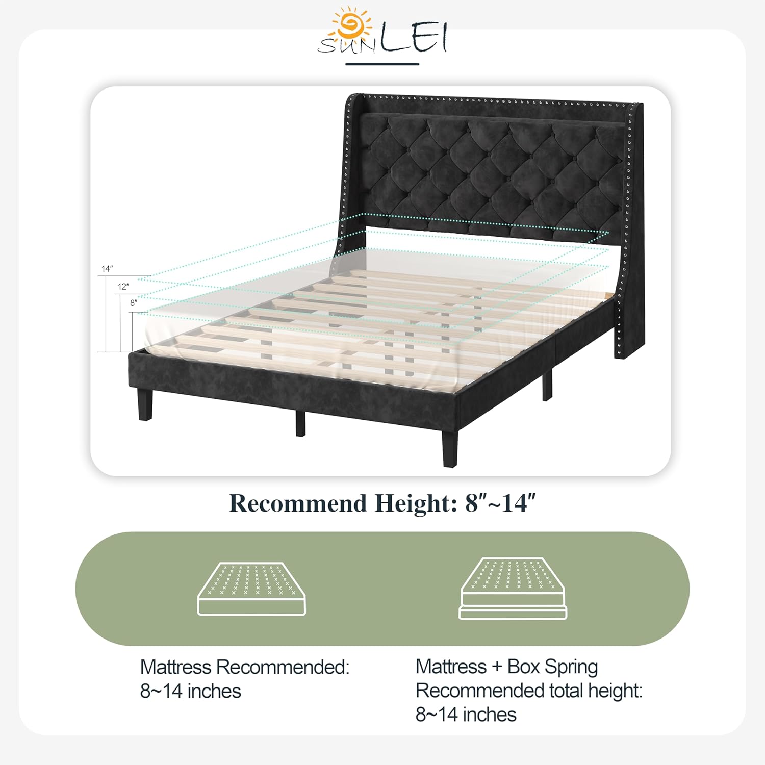 SUNLEI Queen Bed Frame with Storage Headboard, Velvet Upholstered Platform Bed Frame with Wingback Tufted Headboard, Noise Free Wood Slat Support, No Box Spring Needed, Easy Assembly, Black