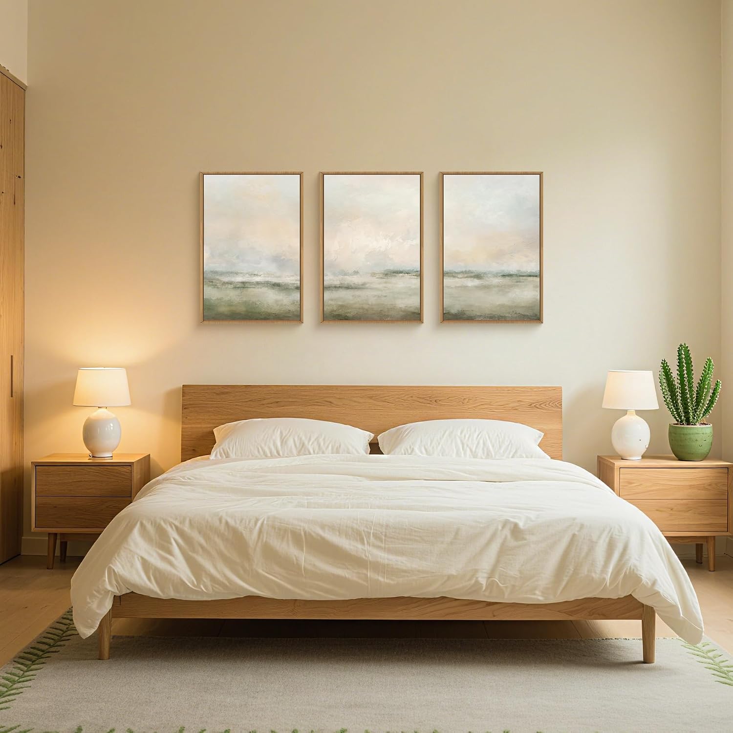 Abstract Beige Green Landscape Framed Canvas Wall Art Set, Watercolor Natural Tan Wall Decor, Minimalist Neutral Modern Scenery Artwork for Living Room, Bedroom,Farmhouse- 24'x36'x3