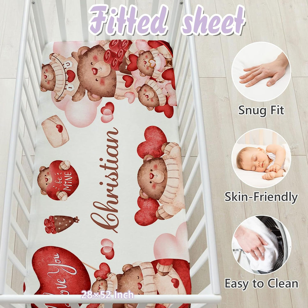 Custom Baby Crib Bedding Set, 5 PCS Personalized Name Baby Crib Sets for Girls Boys, Lovely Bear Theme Nursery Bedding Sets for Infant Toddler, Double Layer Flannel Bed Set Customized Gifts
