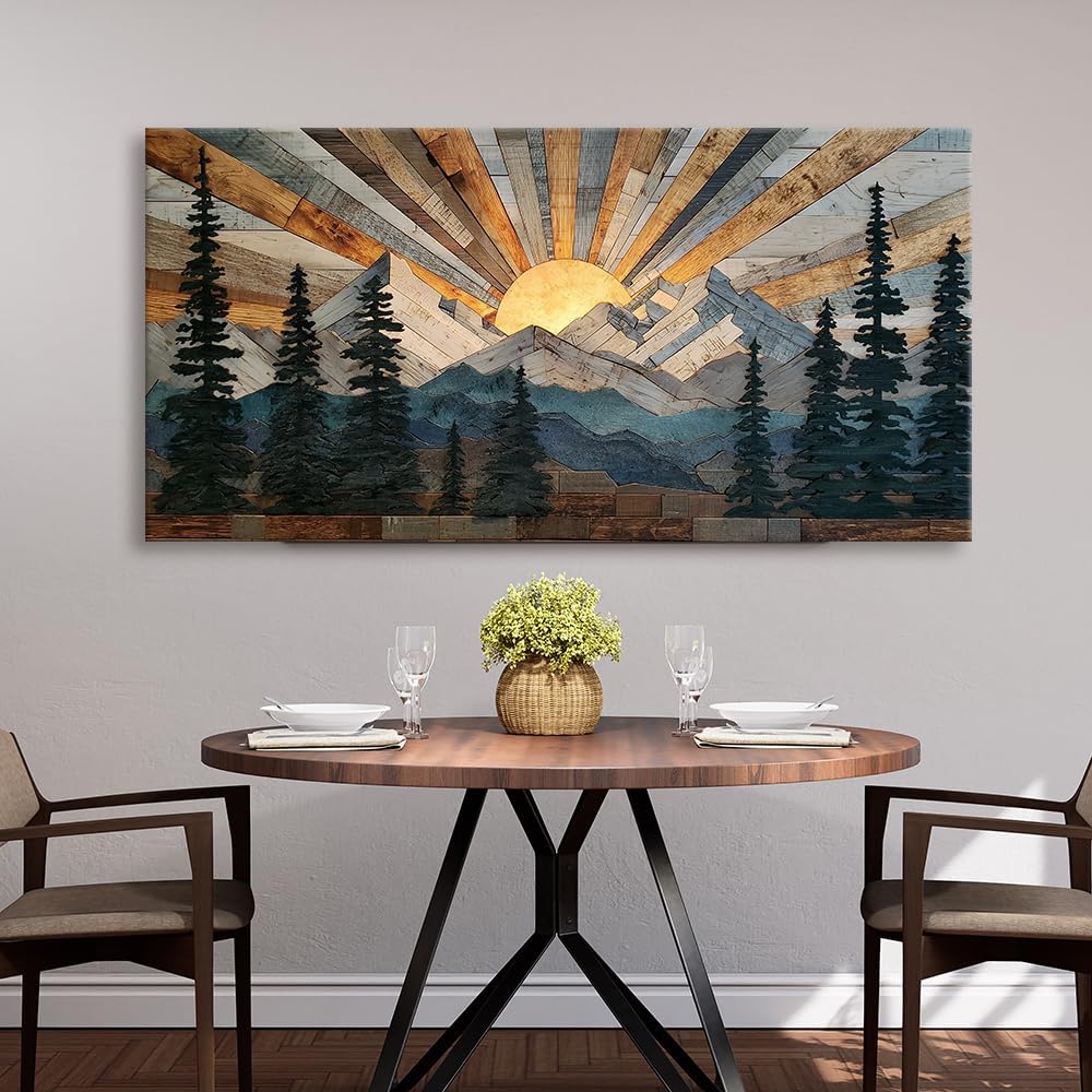 Boho Rustic Farmhouse Mountain Wall Art Sunrise Pine Tree Forest Nature Scenery Paintings Pictures Wall Decor Wood Texture Landscape Canvas Prints Artwork for Living Room Bedroom Home Office 28' x 58'