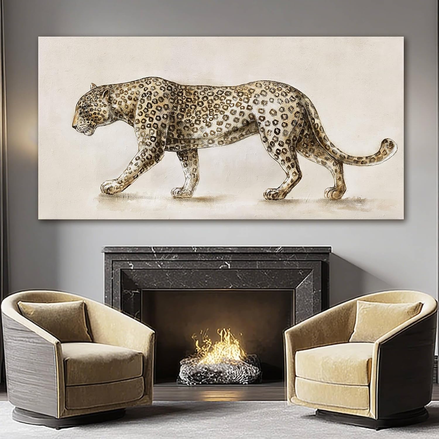 YETHEN WAL Safari Leopard Canvas Wall Art Gray Jungle Animal Canvas Art Neutral Tones Wall Decor for Living Room Bedroom Office Decor 29x58 Inch