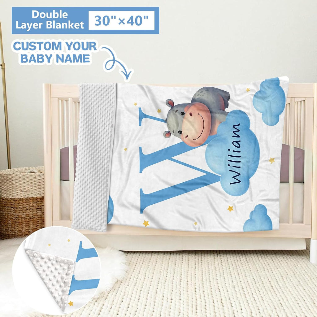 KAINSY Custom Crib Bedding Set, 5 Pcs Personalized Name Monogram Baby Crib Sets for Infants Toddlers, Blue Hippo Nursery Bedding Set for Boys Girls, Double Layer Baby Bedding Sets Customized Gifts