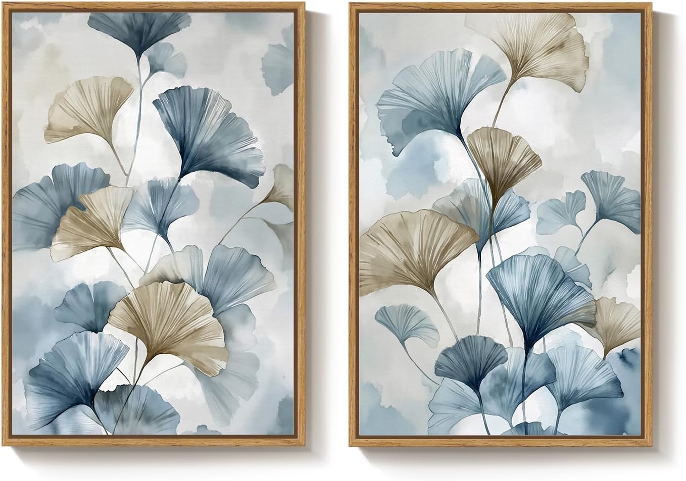 Large Framed Blue Botanical Wall Art Set of 2, Neutral Minimalist Canvas Paintings Prints, Watercolor Pastel Pictures Artwork for Modern Farmhouse Living Room Bedroom Kitchen Wall Decor, 24x36 Inch