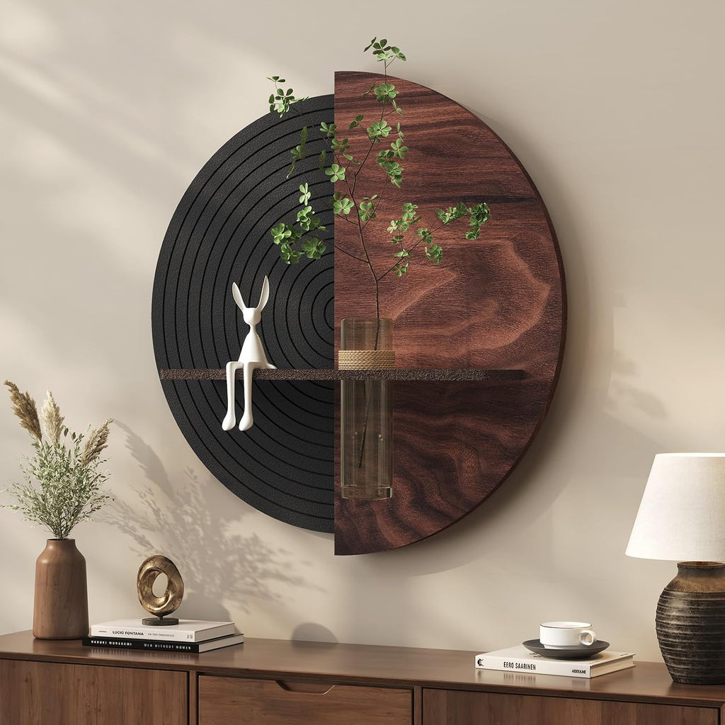 3D Textured Round Abstract Wall Art Decor With Shelf, Modern Minimalist Geometric Black Brown Artwork for Walls, Circle Sandstone Texture Wall Decor for Living Room, Hallway, Kitchen, Bedroom, Office