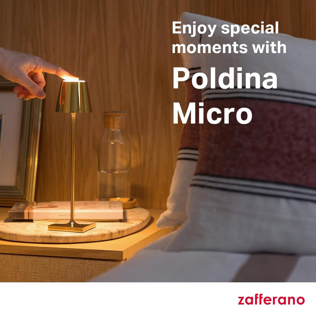 Zafferano, Poldina Micro Lamp with Glossy Chrome Finish, Rechargeable Cordless Table Lamp with Touch Controls, Usable as an Indoor Lamp, Dimmer, 2200-3000 K, Height 10.8 Inches