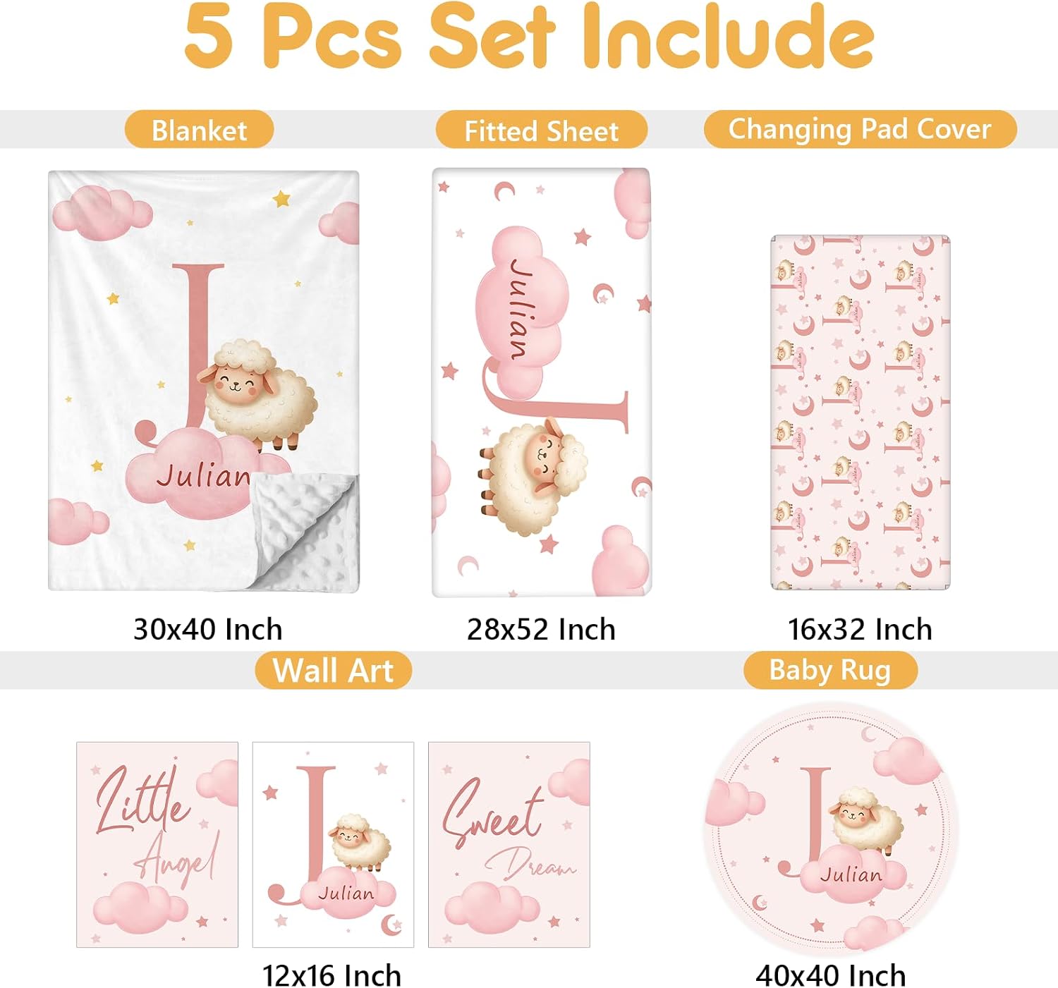 Terwex 5 Piece Customized Crib Bedding Set for Baby Girls - Custom Name Baby Crib Pink Sheep Nursery Bedding Set with Soft Blanket, Fitted Sheet, Rug, Personalized Gifts for Toddler, Newborn, Infant