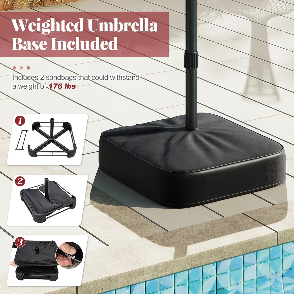 Tangkula 15FT Double-Sided Solar Patio Umbrella, Extra-Large Outdoor Twin Umbrella with 48 LED Lights, Vented Top, Crank Handle, 12 Ribs, Weighted Base Included for Backyard Poolside Deck (Wine)