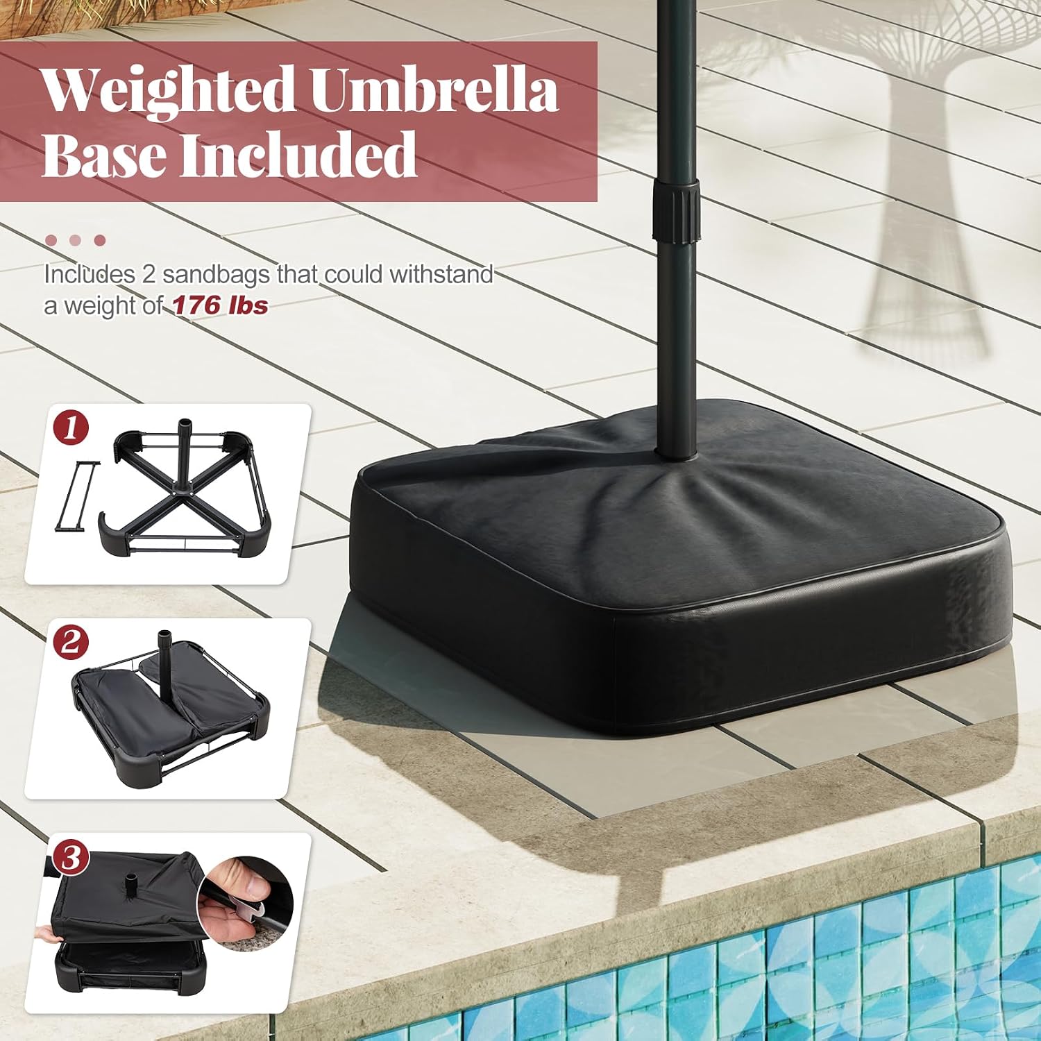 Tangkula 15FT Double-Sided Solar Patio Umbrella, Extra-Large Outdoor Twin Umbrella with 48 LED Lights, Vented Top, Crank Handle, 12 Ribs, Weighted Base Included for Backyard Poolside Deck (Wine)