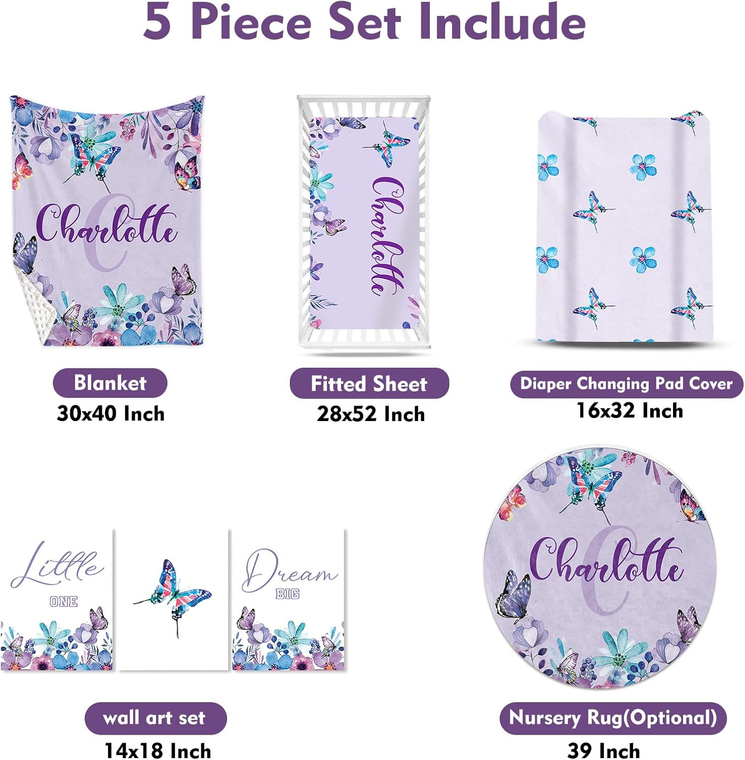 TOOTANN Custom Baby Crib Bedding Set, 5 Pcs Personalized Name Baby Crib Sheets for Kid Toddler Infant, Light Purple Background with Butterflies Nursery Bedding Set