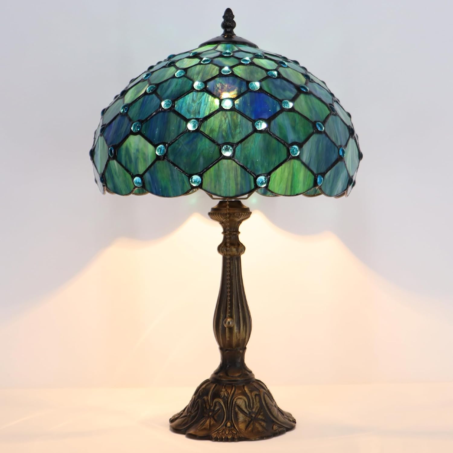Tiffany Lamp Stained Glass Table Lamp Bedside Reading Light W12H19 Inches (Sea Blue Pearl Style)