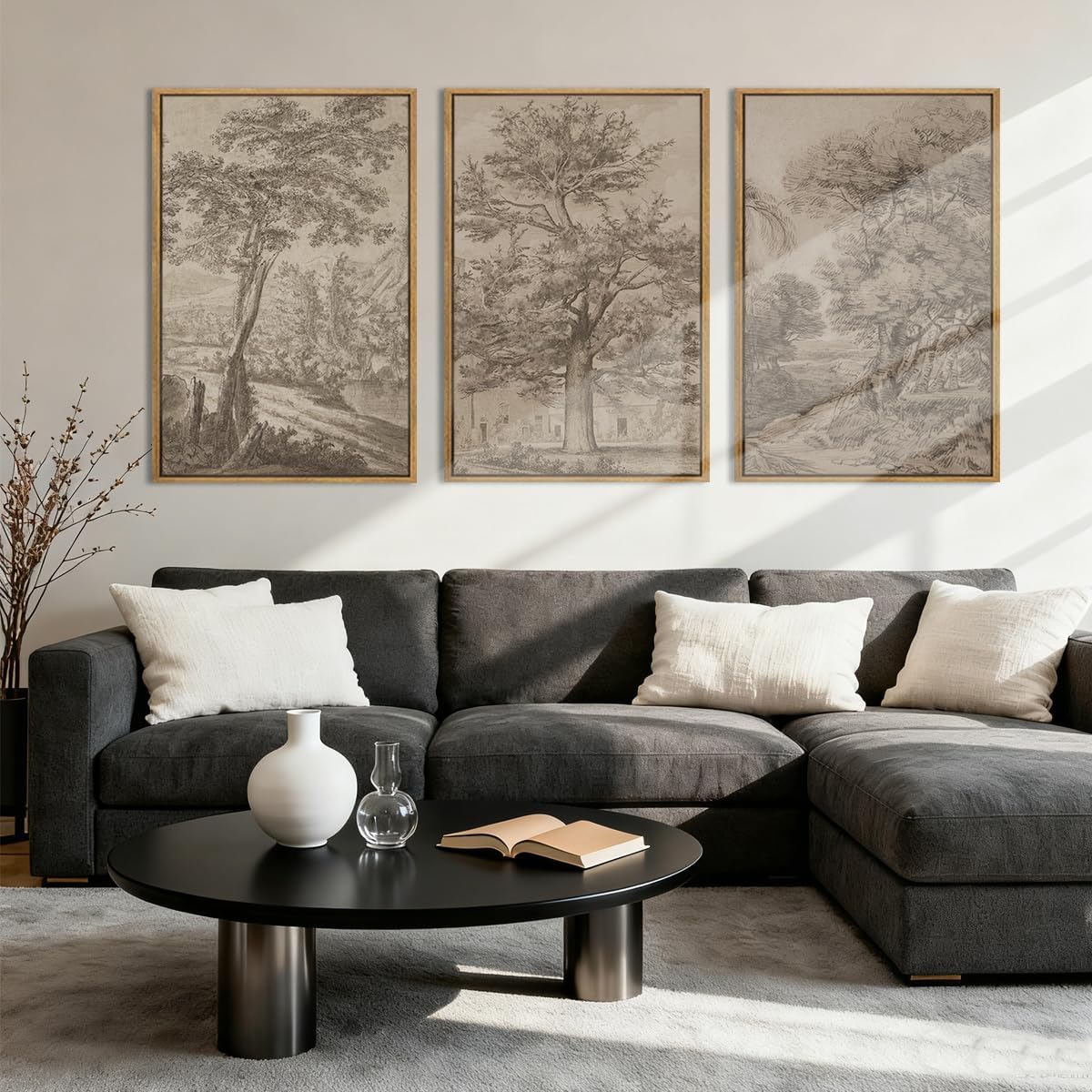 Extra Large Wall Art Framed Vintage Tree Sketch Antique Botanical Forest Prints Rustic Farmhouse Nature Decor for Living Room Bedroom Office 24'x36' Set of 3