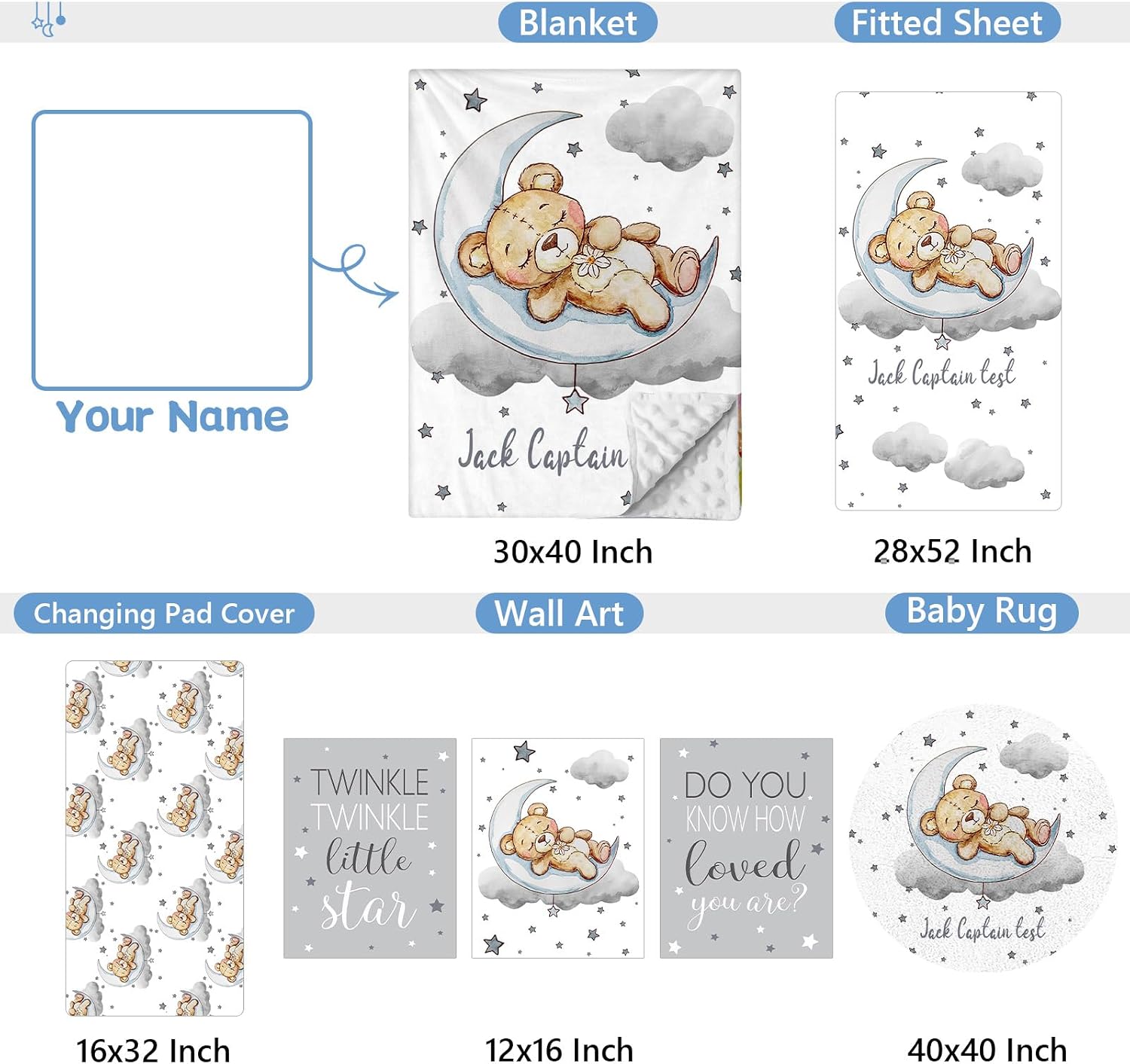KAINSY Personalized Crib Set, 5 Pcs Custom Baby Bedding with Name, Double Layer Nursery Bedding for Boy Girl, Soft Moon Bear Bedding Set, Gifts for Toddler, Infant, New Parents