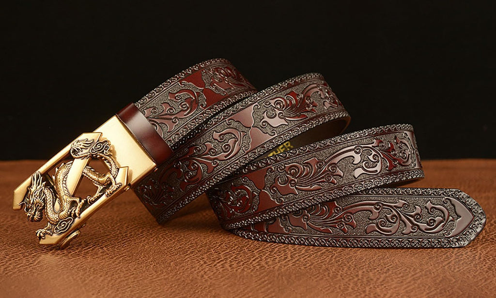 Mens Ratchet Leather Belt, Genuine Leather belts, Engraved Vintage Dragon Eagle Tiger Buckle, Business leisure belt