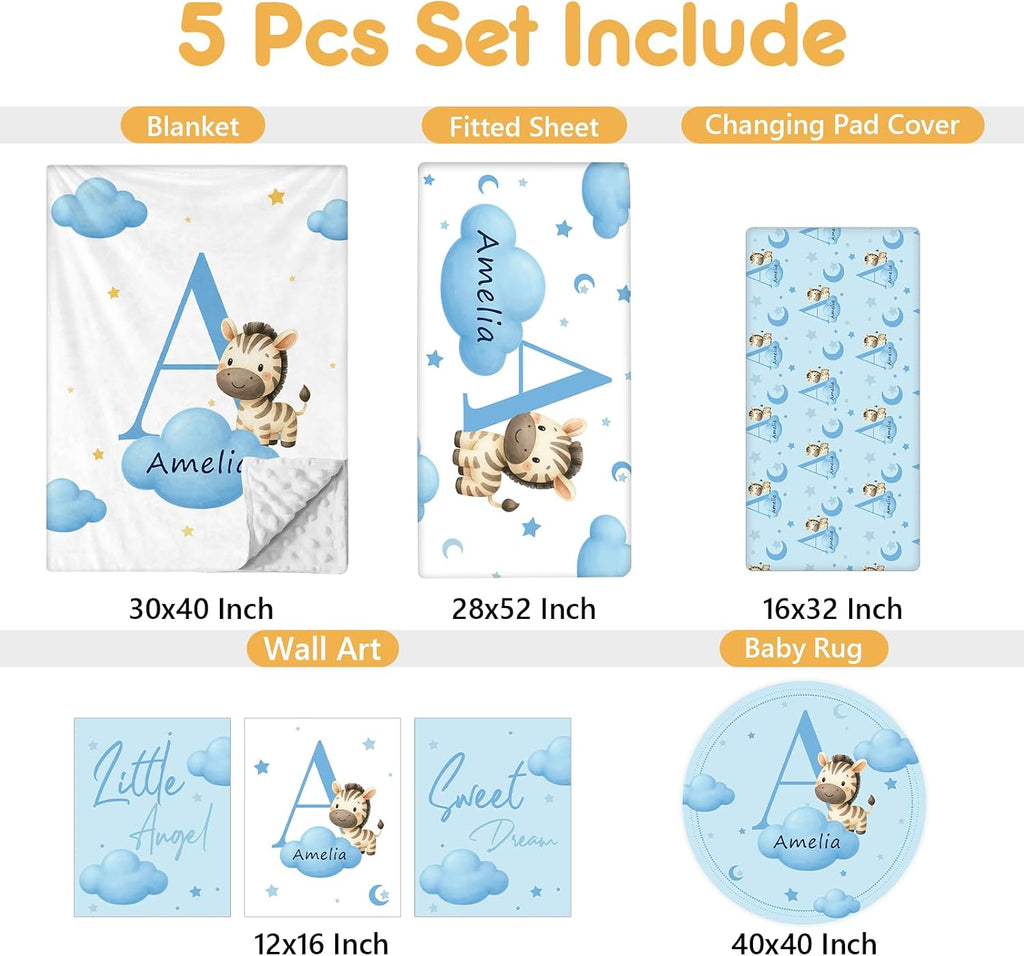 Terwex 5 Piece Customized Crib Bedding Set for Baby Boys - Custom Name Baby Crib Blue Zebra Nursery Bedding Set with Fitted Sheet, Soft Blanket, Rug, Personalized Gifts for Newborn, Toddler, Infant