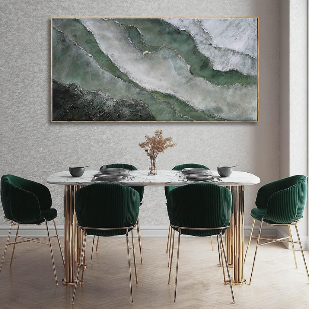 Green and White Abstract Wall Art 29x58 Inch, Large Framed Canvas Painting with Wooden Frame, Modern Abstract Wall Decor for Living Room Bedroom Dining Room or Office