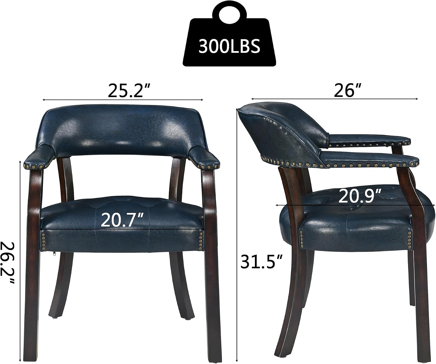 Dining Chairs with Upholstered and Arms,Office Desk Chair with Metal Rivets. PU Boss Captain's Chairs,Classic Accent Stools for Dining Room, Bedroom Brown Legs & Dark Blue NX173-318LB