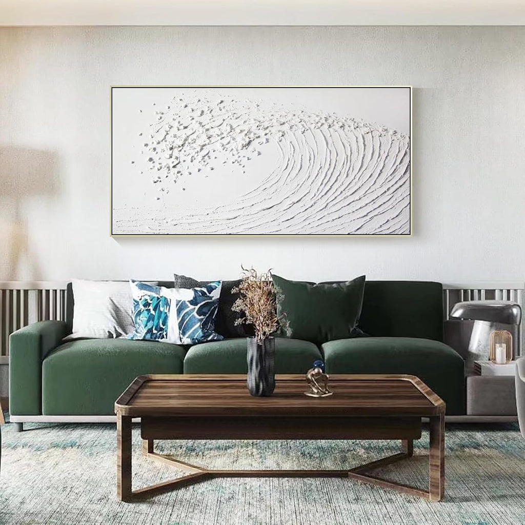 White Hand Painted Oil Painting Wall Art - Large Framed Ocean Waves 3D Textured Home Decor 48x24 Horizontal Canvas Minimalist Artwork Decoration for Living Room Bedroom