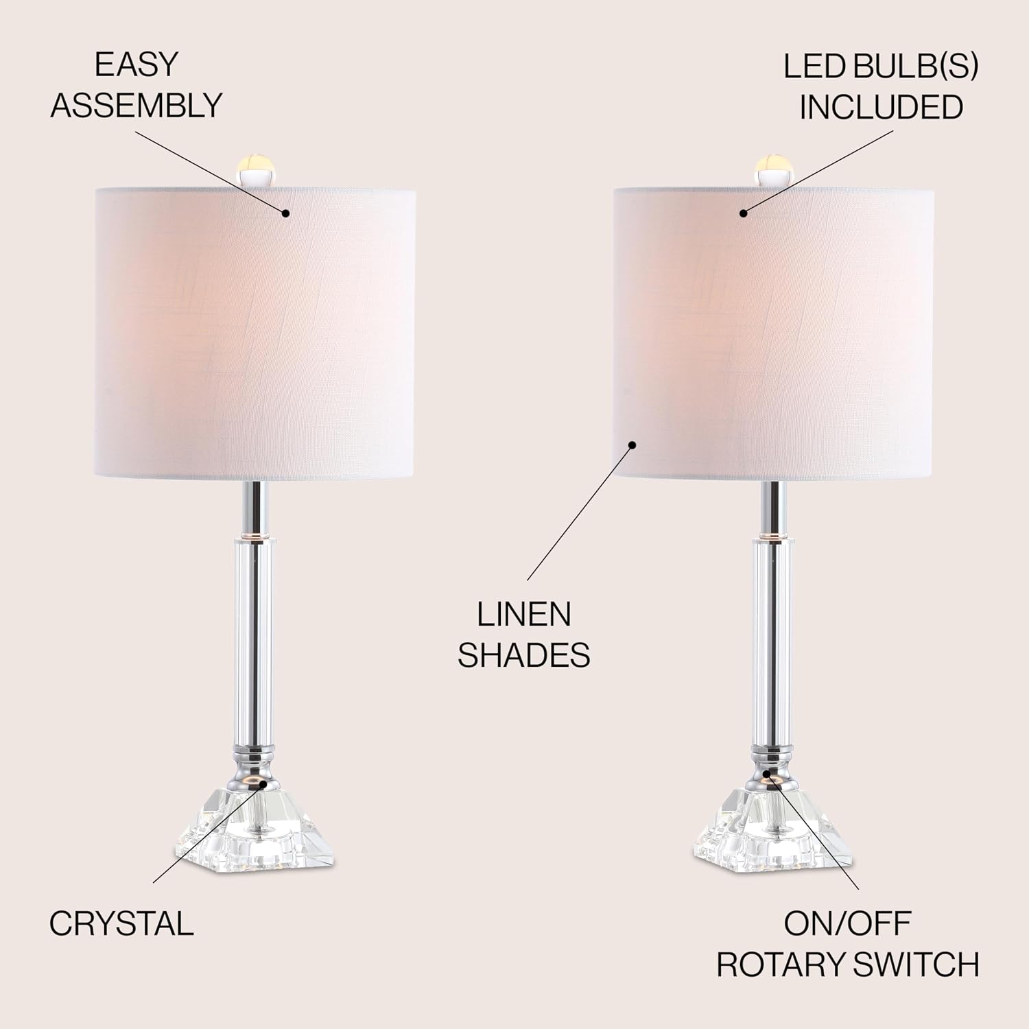 JONATHAN Y 19.5' Clear Crystal Table Lamp Set of 2 for Bedroom, Modern Glam Chrome and Glass Column Nightstand Lamps for Living Room, White Linen Shade, LED Bulbs Included JYL2078A-SET2