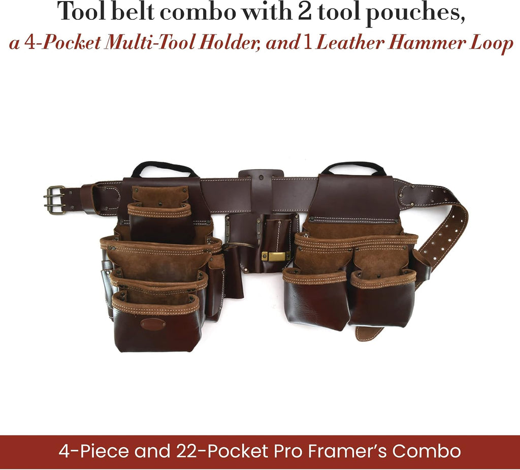 Style n Craft 4-Piece and 22-Pocket Pro Framer's Combo, Tool Belt with 2 Tool Pouches, a 4-Pocket Multi-Tool Holder, and 1 Leather Hammer Loop, Full-Grain Leather Carpenter Tool Belt, Dark Tan (98454)