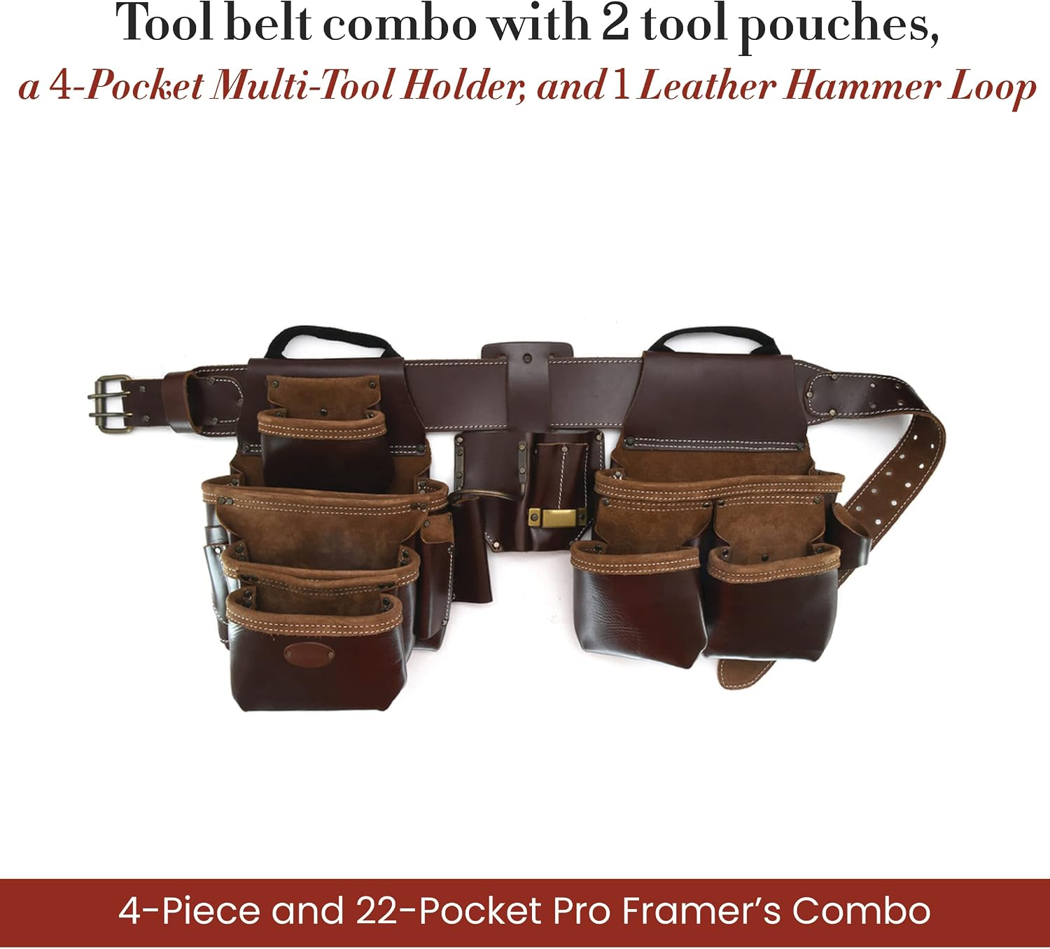 Style n Craft 4-Piece and 22-Pocket Pro Framer's Combo, Tool Belt with 2 Tool Pouches, a 4-Pocket Multi-Tool Holder, and 1 Leather Hammer Loop, Full-Grain Leather Carpenter Tool Belt, Dark Tan (98454)