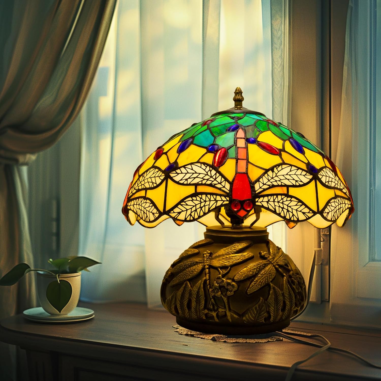 Tiffany Lamp,12 inch Stained Glass Lamp,Dragonfly Tiffany Style Table Lamp Included E26 LED with Remote Control for Bedside,Living Room,Dining Table,Antique Office(Blue Leaf)