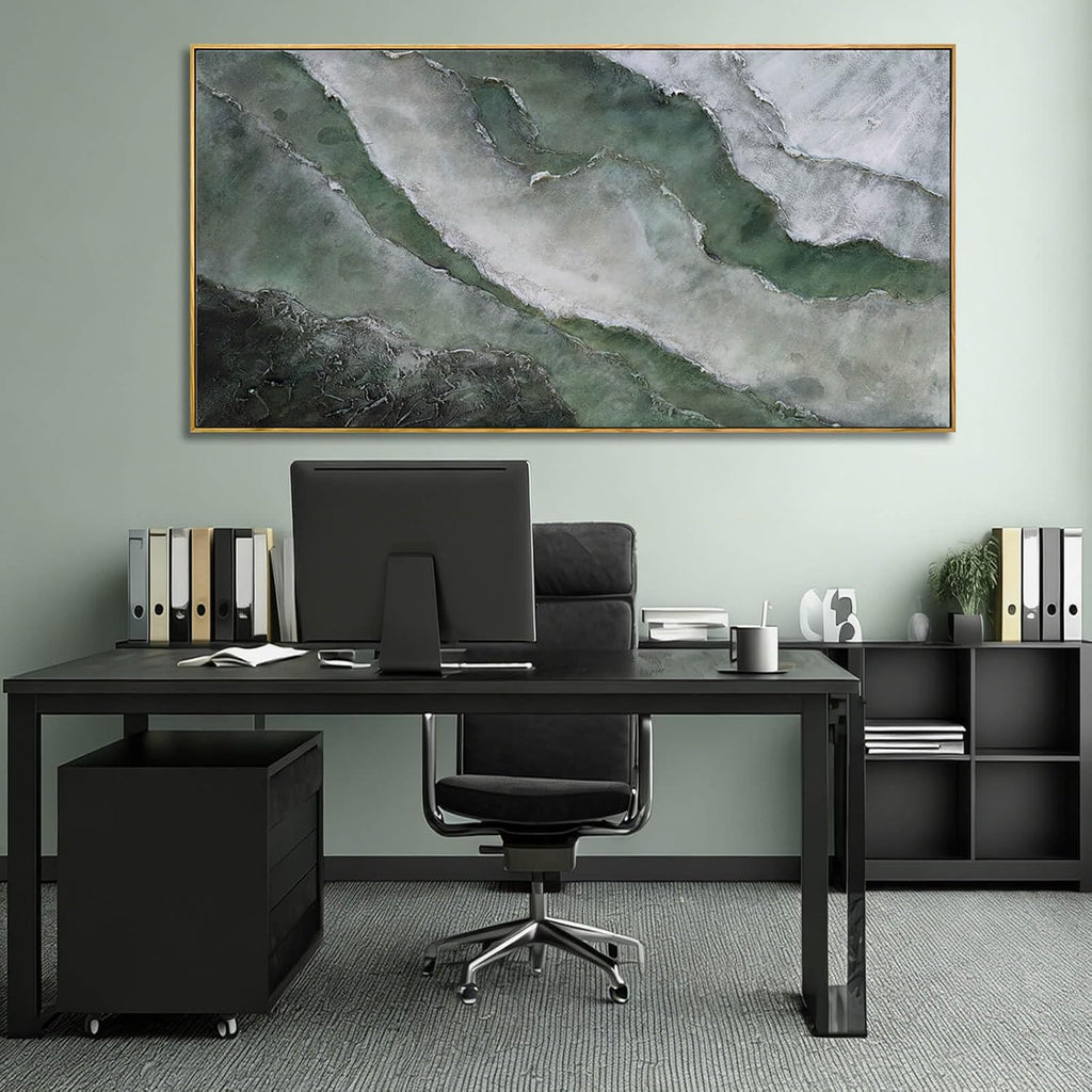 Green and White Abstract Wall Art 29x58 Inch, Large Framed Canvas Painting with Wooden Frame, Modern Abstract Wall Decor for Living Room Bedroom Dining Room or Office