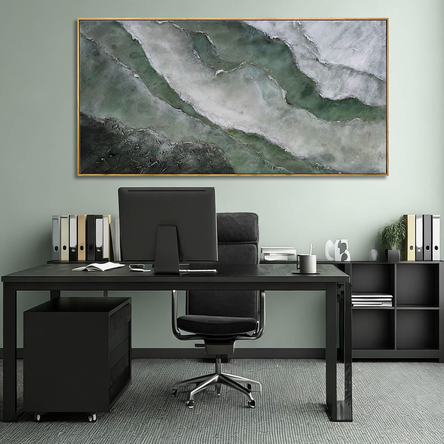 Green and White Abstract Wall Art 29x58 Inch, Large Framed Canvas Painting with Wooden Frame, Modern Abstract Wall Decor for Living Room Bedroom Dining Room or Office