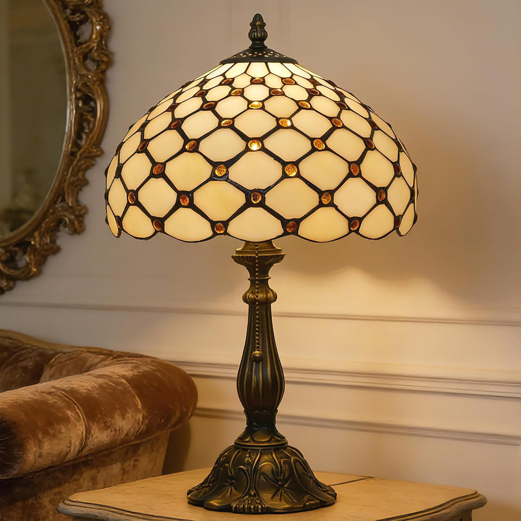Tiffany Lamp Stained Glass Table Lamp Antique Bedside Reading Light W12H19 Inches (Cream Amber Pearl)