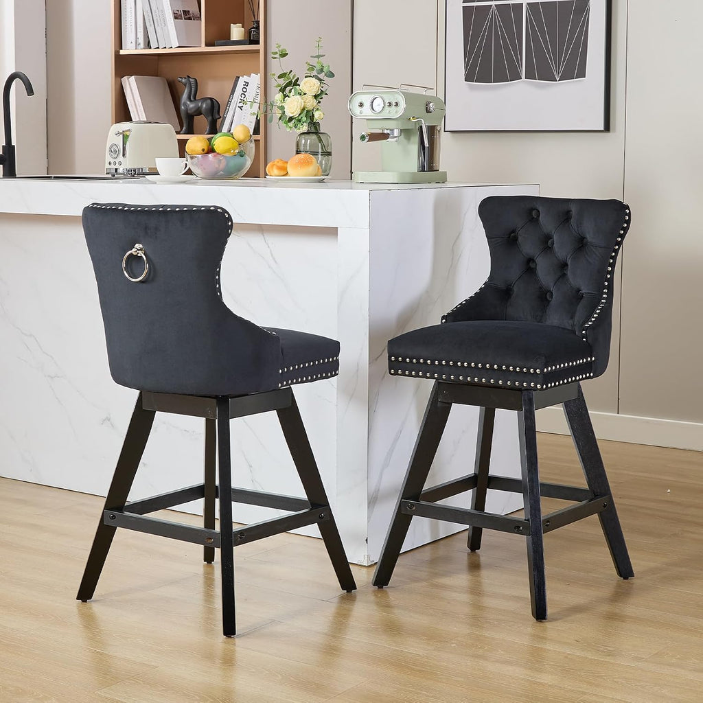 Black Bar Stools Set of 2, Modern Swivel Velvet Counter Height Barstools, Upholstered Kitchen Island Chairs with Button Tufted Back, Rivet Trim, Solid Wood Legs, 26' H Seat, Black