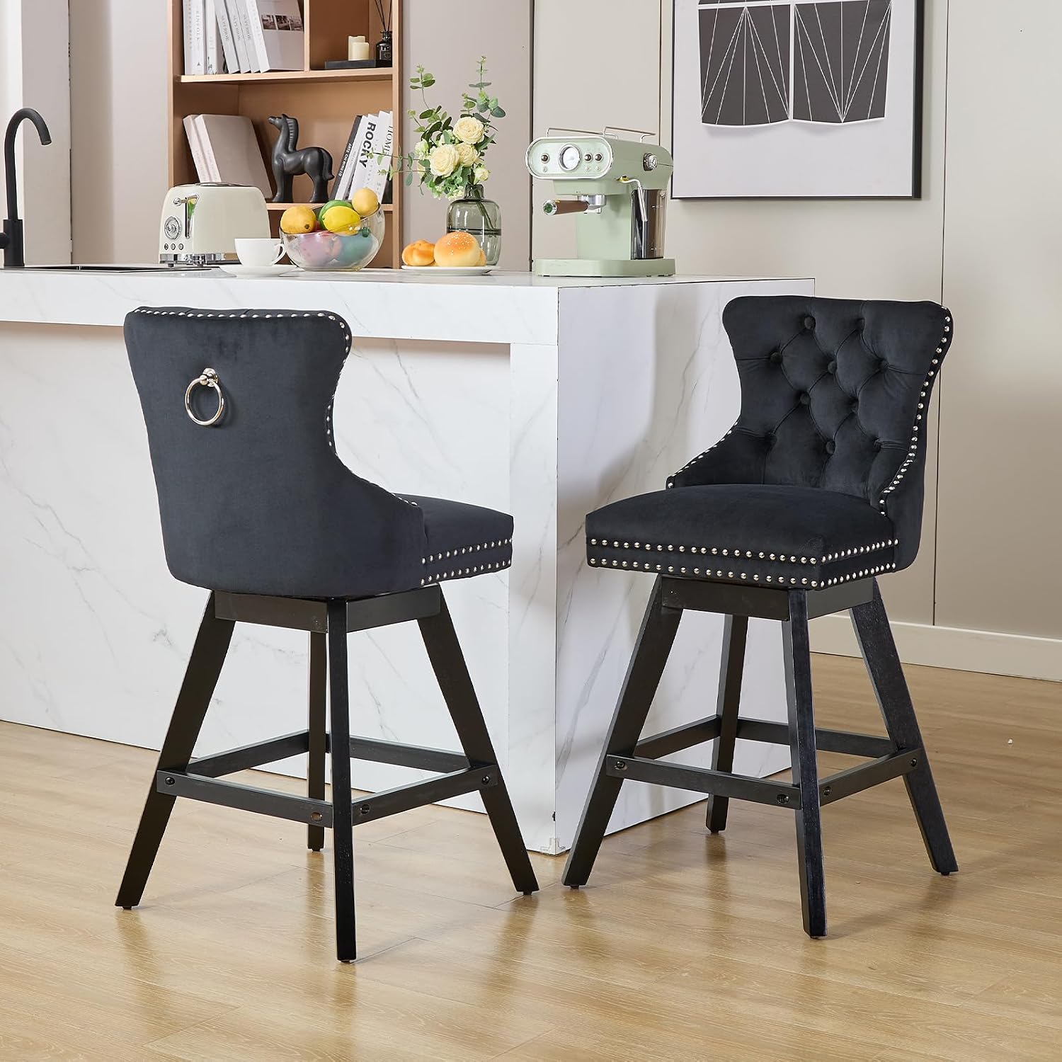 Black Bar Stools Set of 2, Modern Swivel Velvet Counter Height Barstools, Upholstered Kitchen Island Chairs with Button Tufted Back, Rivet Trim, Solid Wood Legs, 26' H Seat, Black