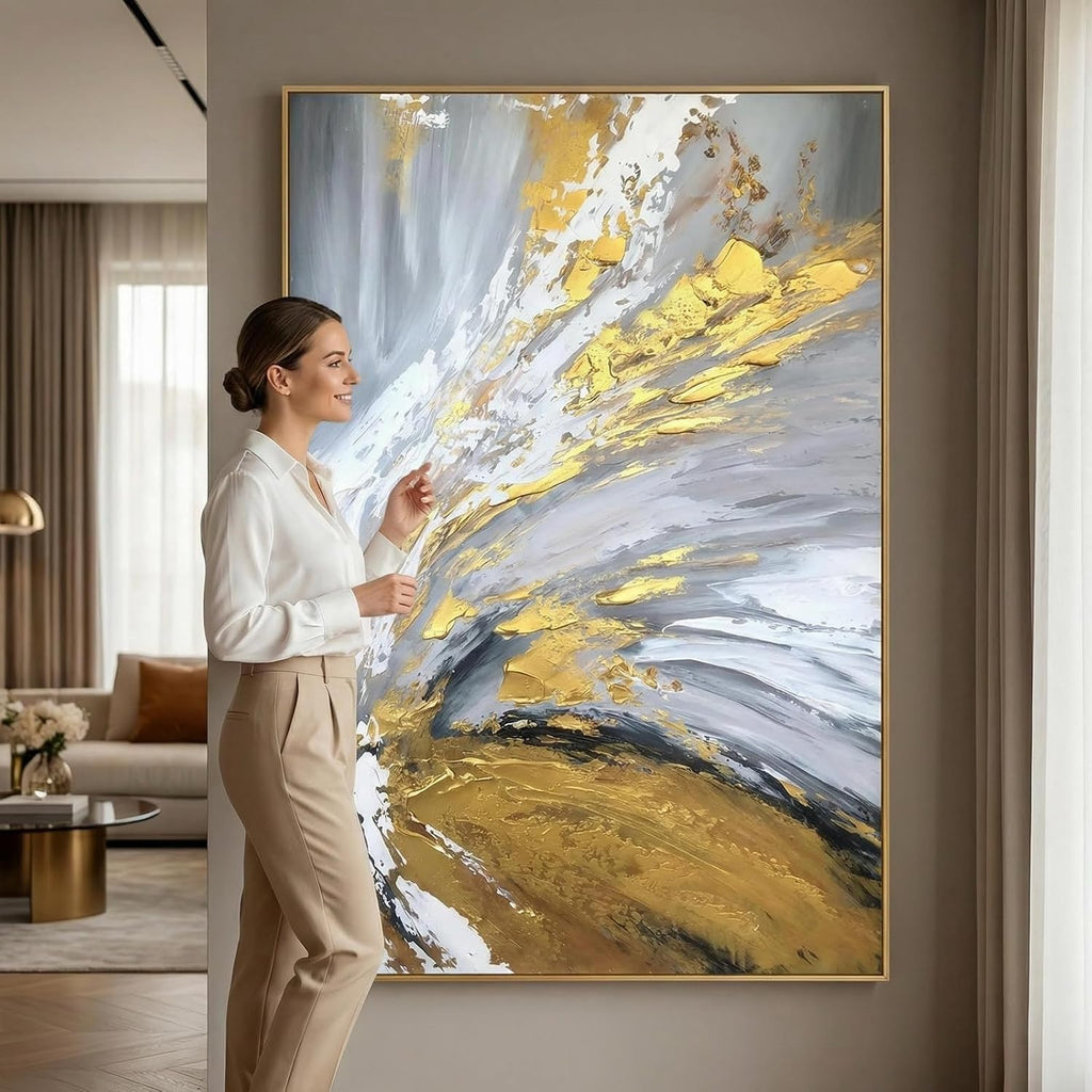 Large 3D Textured Abstract Canvas Wall Art for Entryway, Hand Painted Gold Foil Wall Painting for Office, Modern Luxury Gray & Gold Framed Artwork for Living Room Bedroom Home Décor 30x44 inches