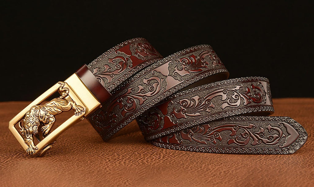 Mens Ratchet Leather Belt, Genuine Leather belts, Engraved Vintage Dragon Eagle Tiger Buckle, Business leisure belt