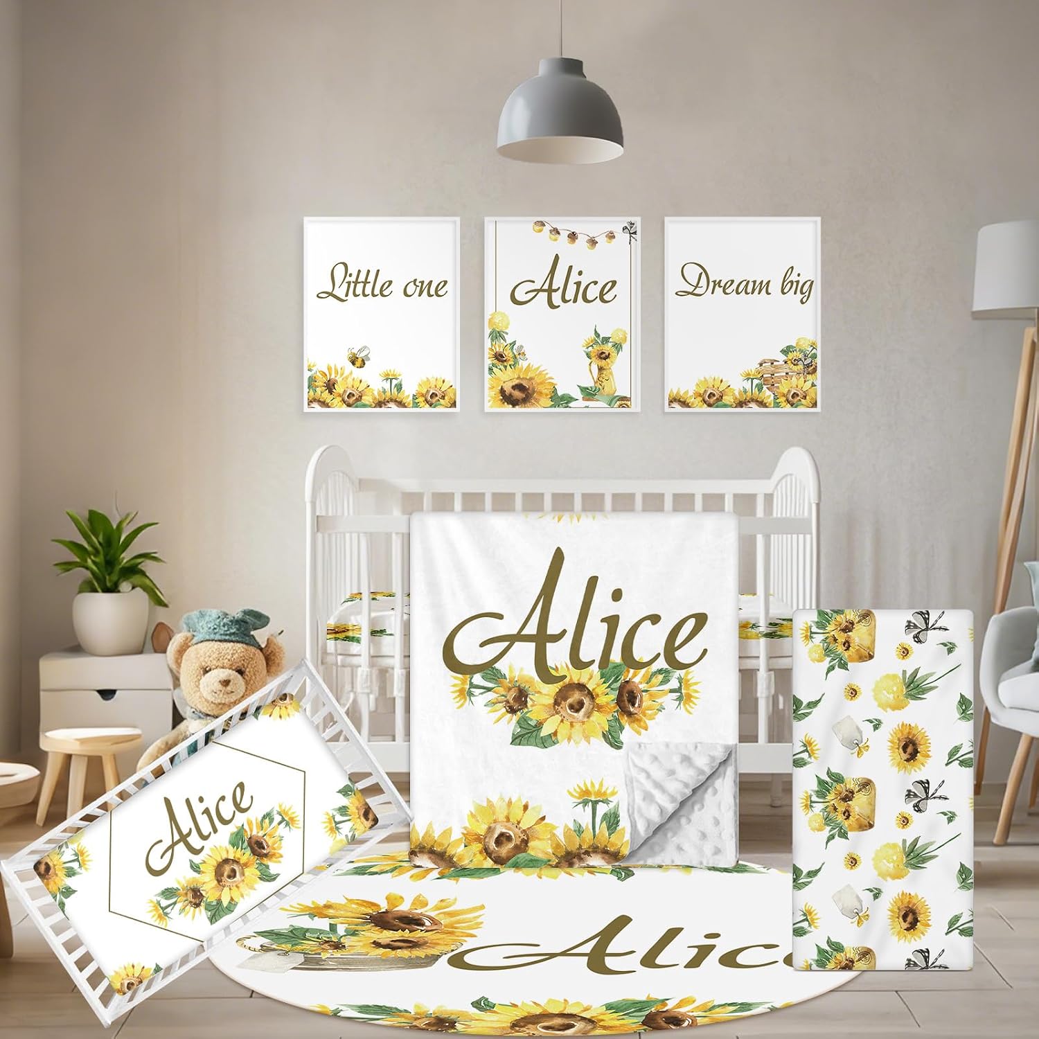 Terwex Personalized Baby Bedding Set - 5 Pcs Custom Infants Bedding Set with Infant Name - Double Layer Nursery Crib Set for Girls Boys - Customized Gifts for Toddler Baby Shower - Yellow Sunflower