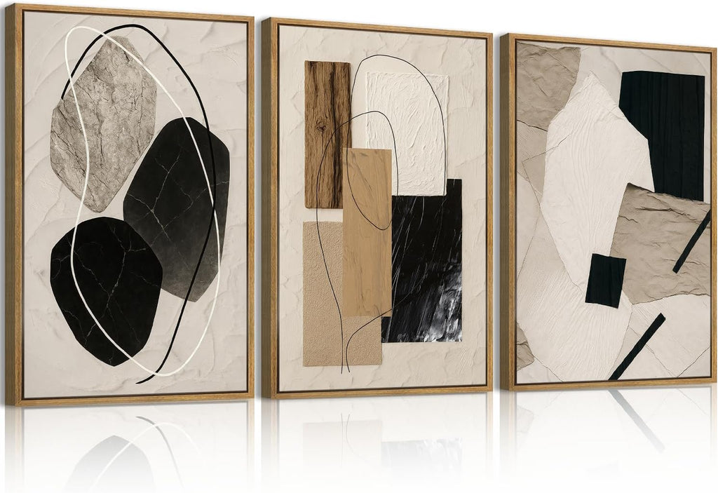 Large Abstract Paintings Framed Neutral Canvas Prints Mid Century Modern Wall Art Abstract Wall Decor Neutral Wall Pictures Elegant Modern Paintings for Living Room Bedroom Bathroom Office 36x24 Inch 3 Piece
