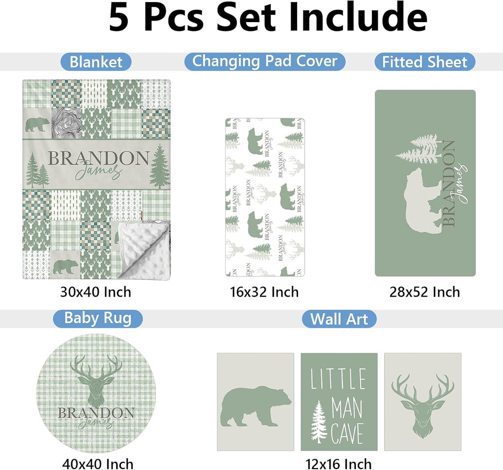 KAINSY Custom Crib Bedding Set 5 Pcs for Girls Boys – Personalized Green Woodland Bear Theme, Newborn Sleep Set, Toddler Nursery Decor, Infant Sleep, Baby Room Accessories