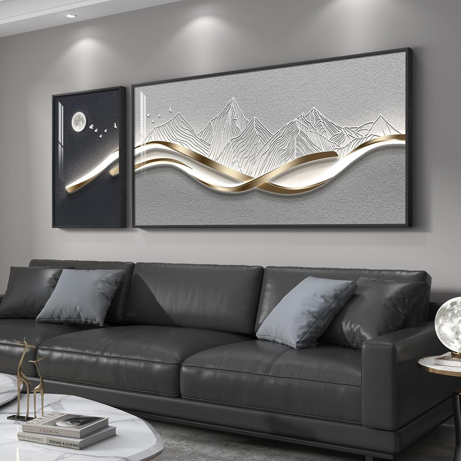 Large Framed Modern Abstract Wall Art for Living Room, 2 Piece Silver Mountain Bright Style Artworks for Wall, Luxury Gray Blue Minimalist Painting Prints for Bedroom Hallway Home Office Wall Decor