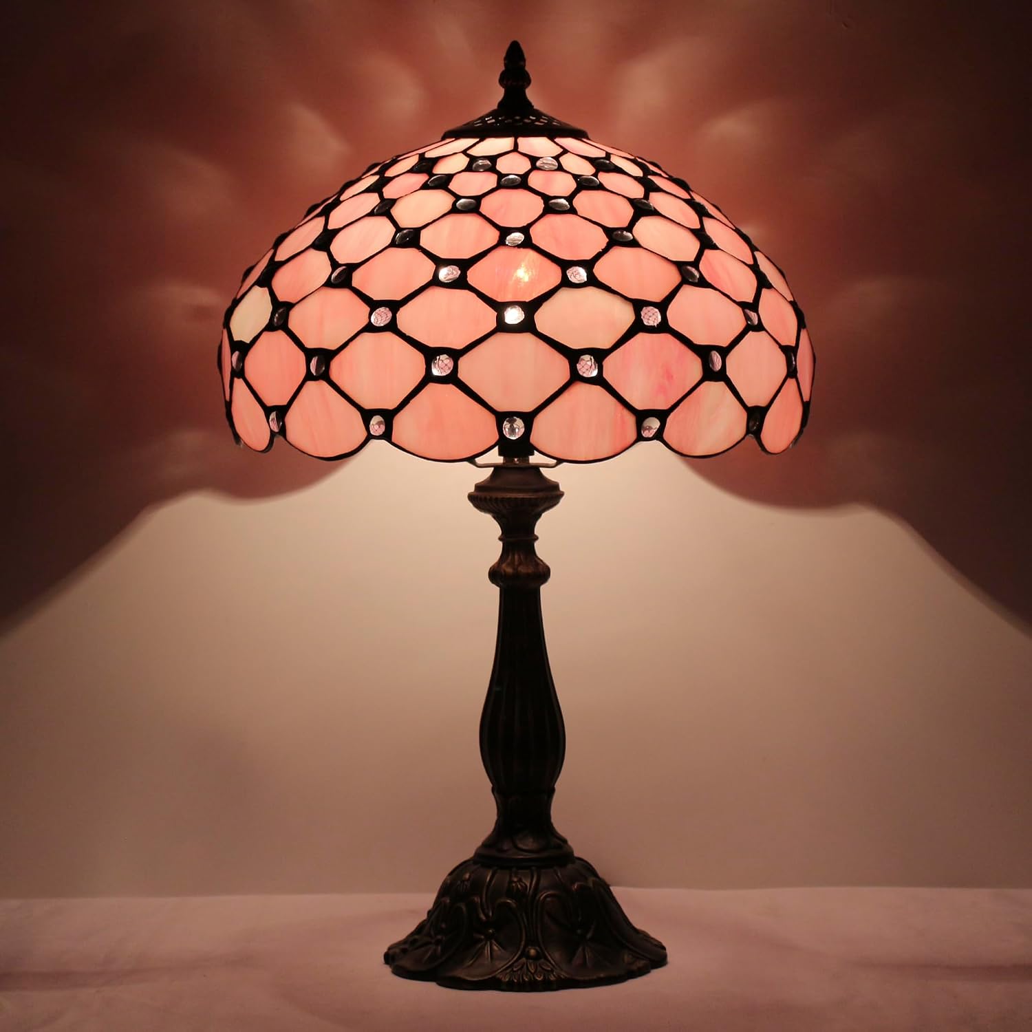 Tiffany Lamp Touch Control Table Lamp Pink Bead Style Stained Glass Desk Light 12X12X19 Inches Reading Light for Bedroom Living Room Home Decor Gift
