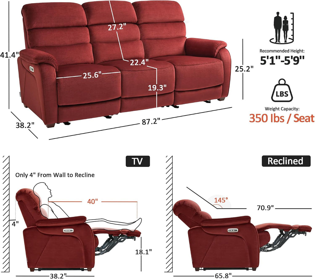 MCombo 87.2'' Wall Hugger Power Recliner Sofa with Drop Down Table, Reclining Sofa with Adjustable Headrest, USB Charge Ports, Reading Lamp, for Living Room, RVs, Fabric, ST258M3 (3-Seater, Burgundy)
