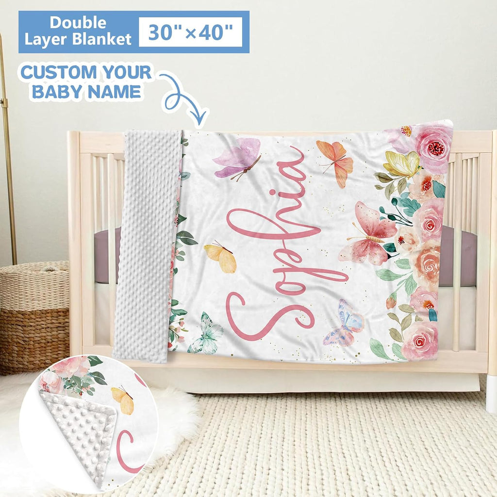 KAINSY Personalized Crib Set, 5 Pcs Custom Baby Crib Sets with Name, Double Layer Butterfly Nursery Bedding Set for Girls, Soft Flannel Bedding Set, Toddler Infant Customized Gift