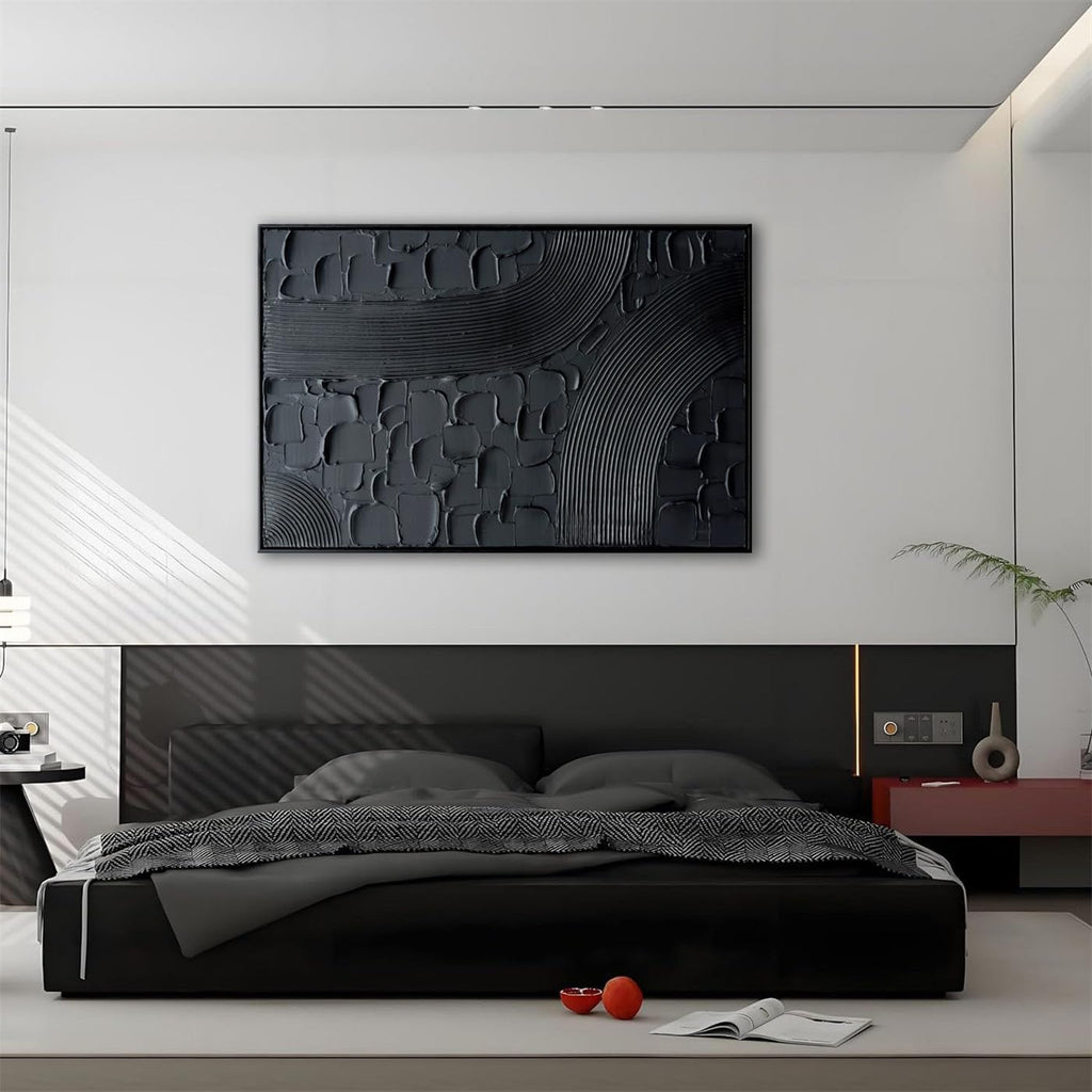 Slyart Black Textured Abstract Wall Art, Hand Painted Contemporary Minimalist Art Oil Painting, 24'x36' Framed Thick Texture Canvas Home Wall Art