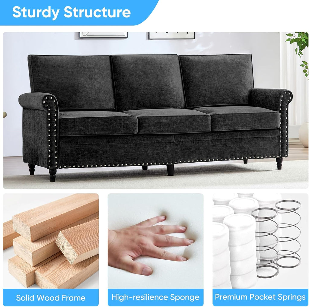 Mjkone 76' Chenille Sofa Couch, 3-Seater Living Room Sofa with Wood Frame, Gourd Shape Wood Legs, 6.7' Thickened Soft Cushion, Rivet Design, Mid Century Modern Couch for Small Spaces, Apartment, Black