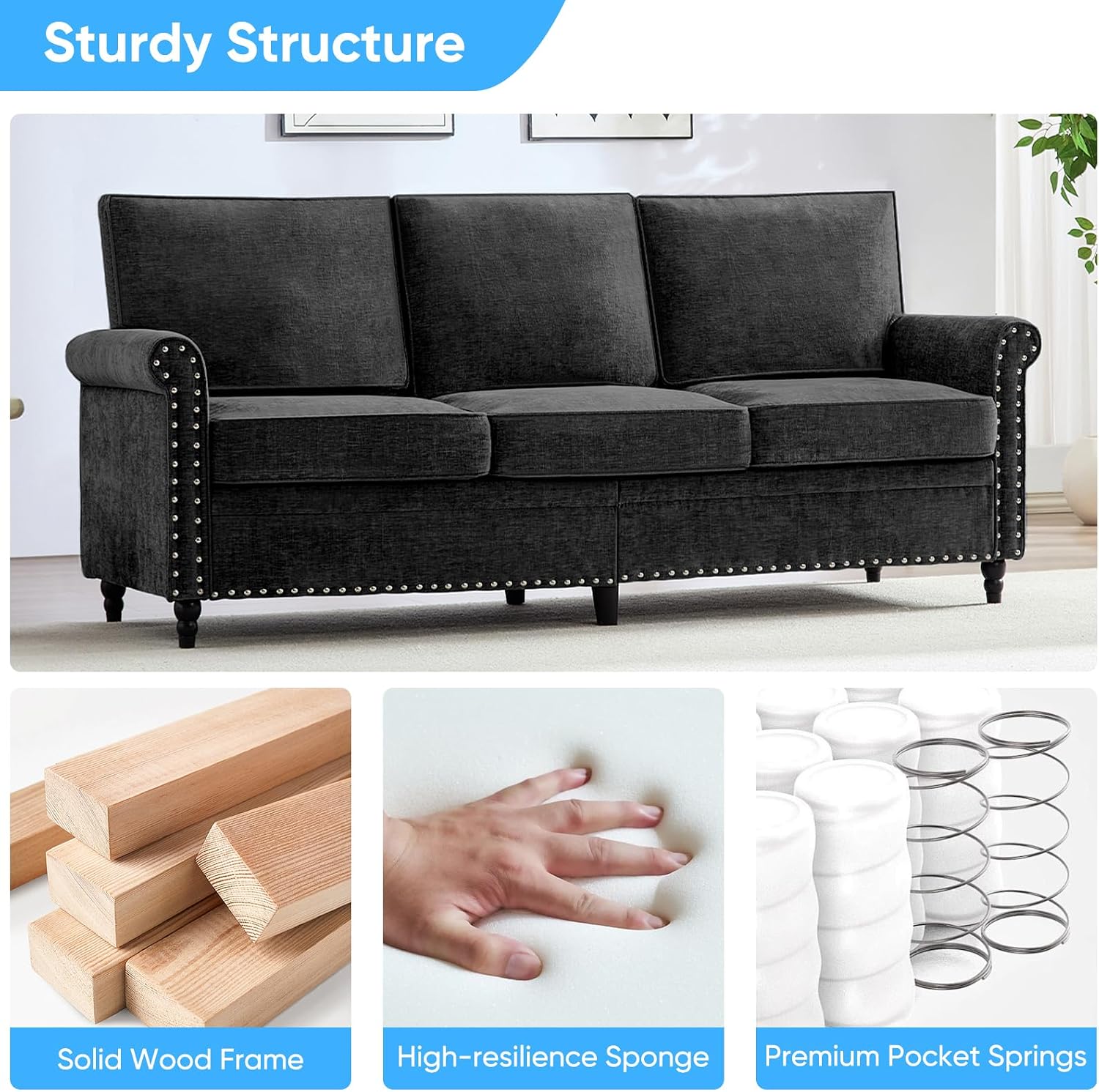 Mjkone 76' Chenille Sofa Couch, 3-Seater Living Room Sofa with Wood Frame, Gourd Shape Wood Legs, 6.7' Thickened Soft Cushion, Rivet Design, Mid Century Modern Couch for Small Spaces, Apartment, Black
