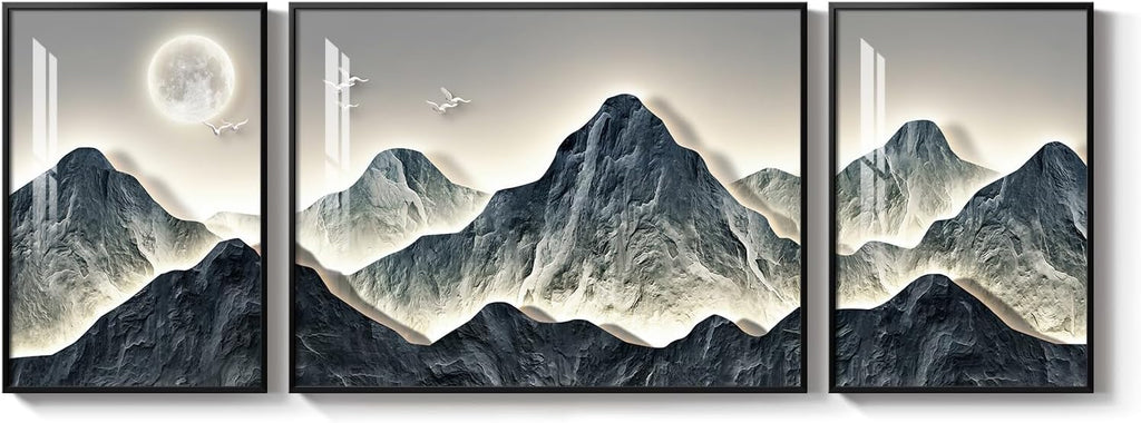 Framed Modern Mountain Wall Art for Living Room, 3 Piece Blue Luxury Bright Style Painting Prints, Landscape Moon Artwork for Dining Room Hallway Home Office Wall Decor