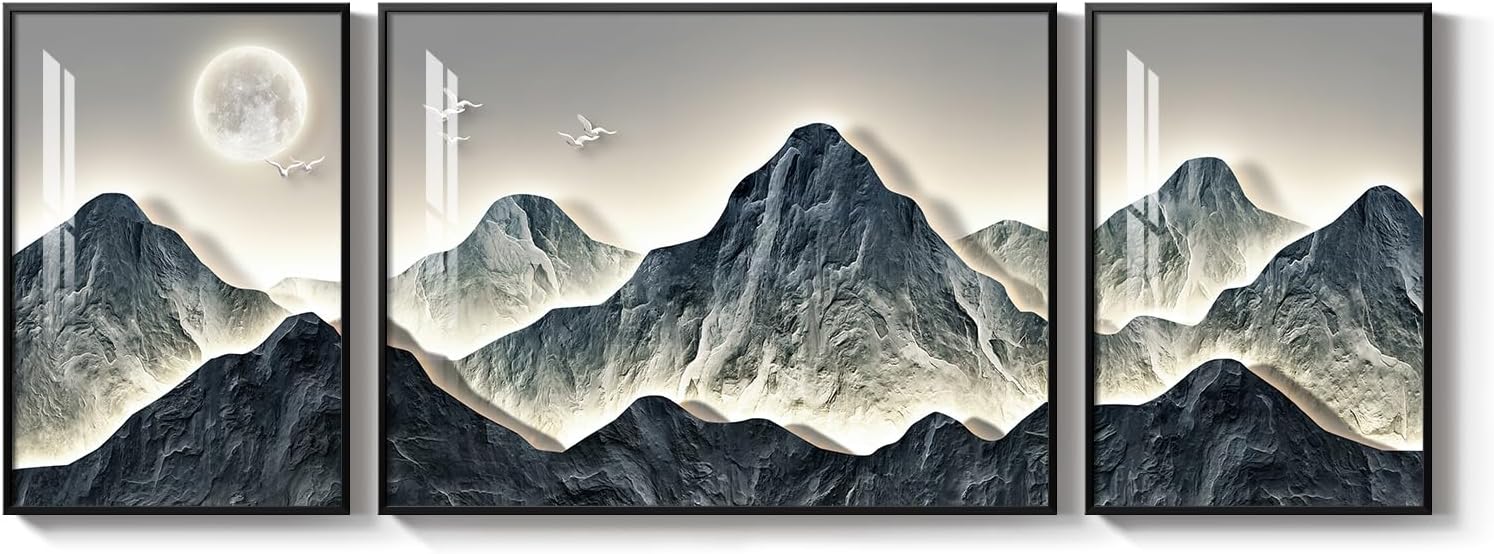 Framed Modern Mountain Wall Art for Living Room, 3 Piece Blue Luxury Bright Style Painting Prints, Landscape Moon Artwork for Dining Room Hallway Home Office Wall Decor