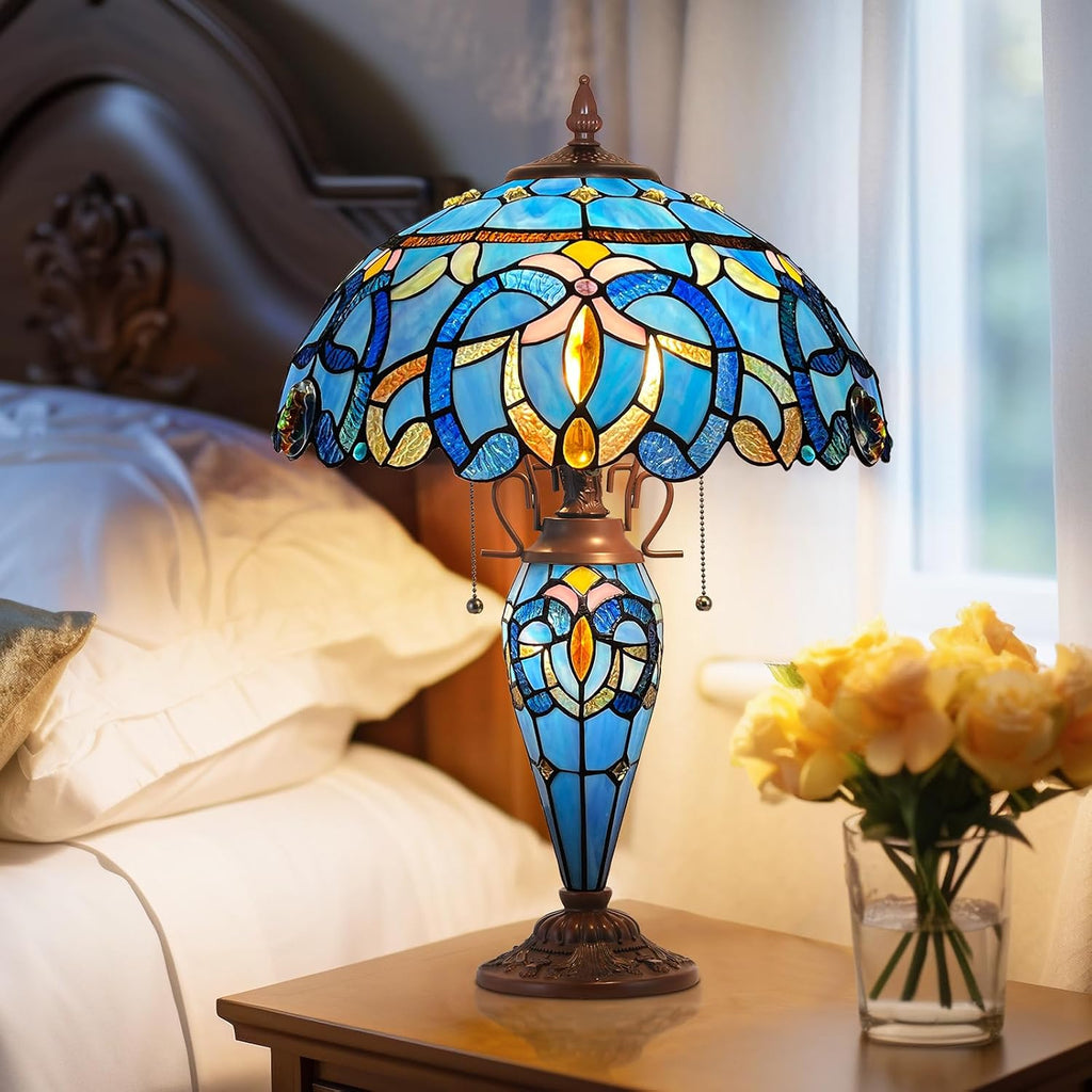 Capulina Tiffany Lamp Stained Glass Table Lamp 3-Light 16x16x24 Inches Blue Brown Style Mother-Daughter Vase Desk Lamp for Bedrooms Living Room Study Home Office