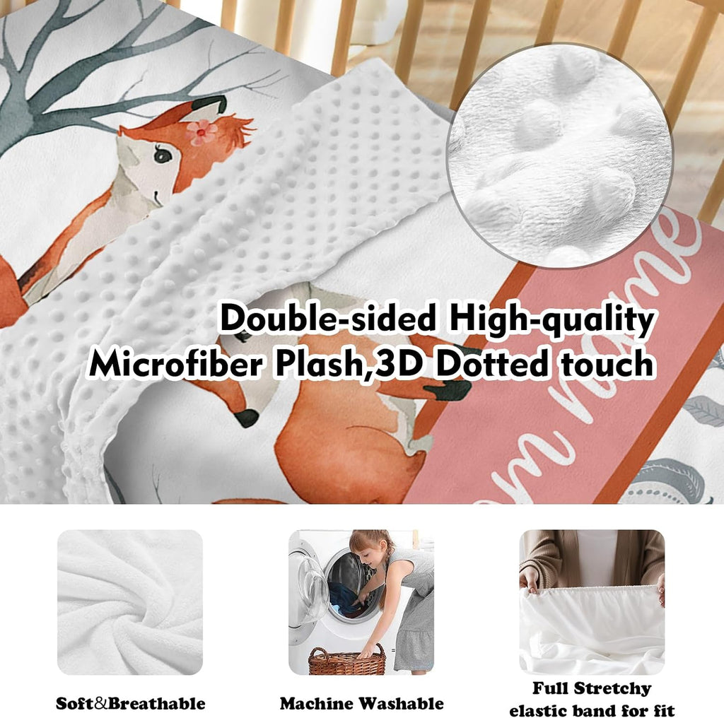 Personalized Nursery Crib Bedding Set: Custom Name 5 Piece Baby Crib Sets with Cute Fox Pattern - Toddler Double Layer Blanket Set, Comfortable Crib Bed Sheets for Baby Grils